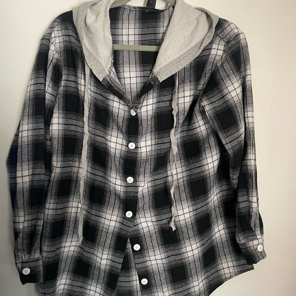 SHEIN Black and White Plaid Hoodie Shirt